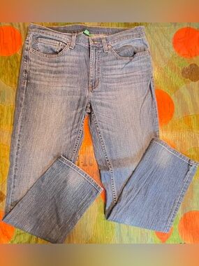 Mens DIP Jeans 34 x 32 Blue Denim Straight Leg Faded Whiskered Pull On Button